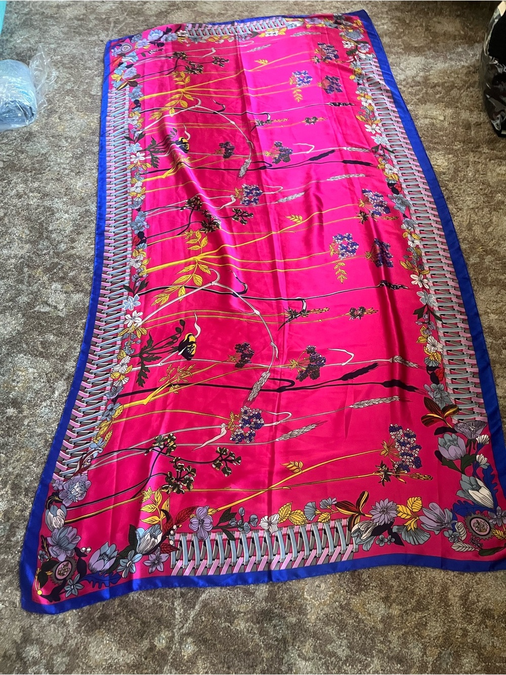 Bright Pink Floral Satin Throw with Blue Border